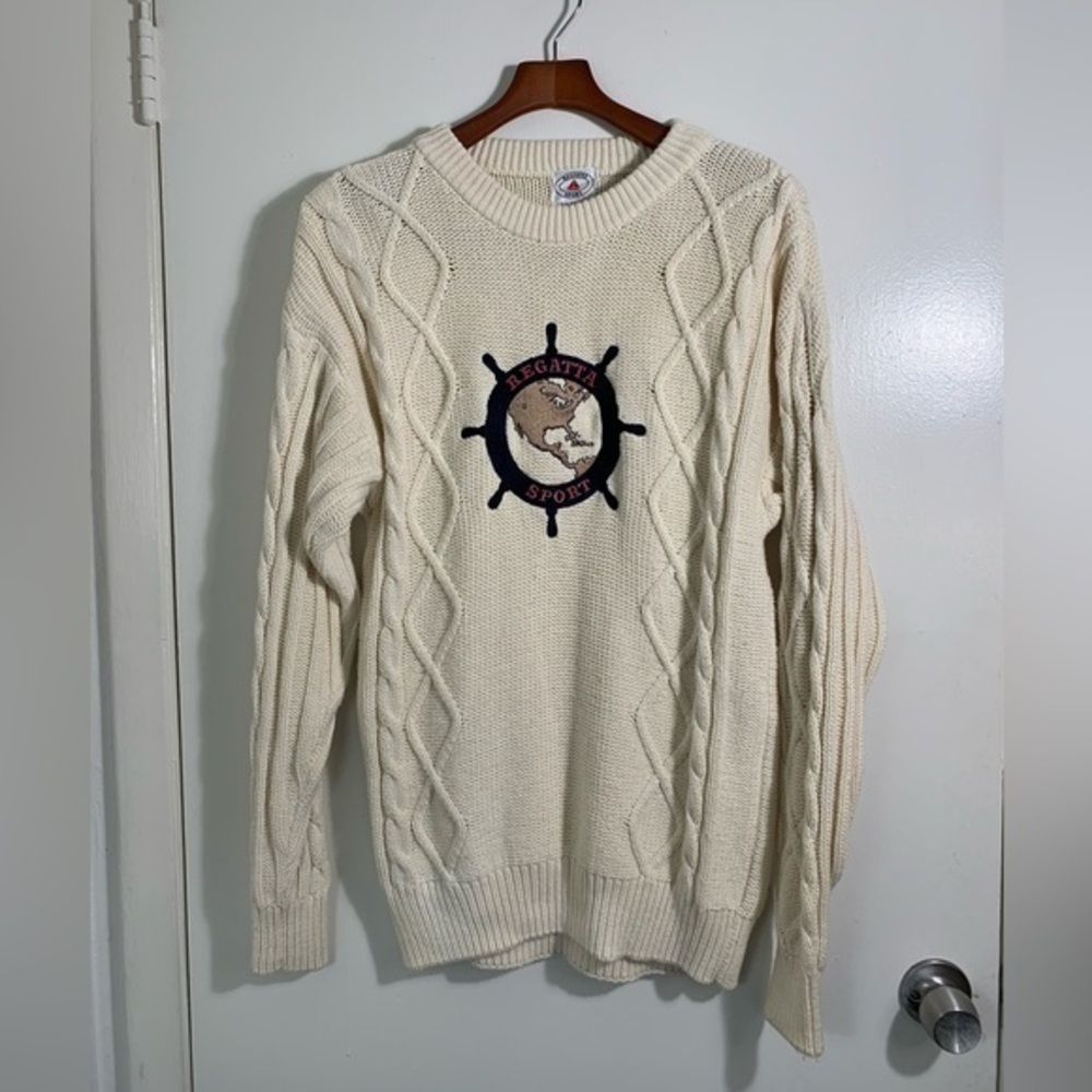 Vintage Regatta Sport cream cableknit fisherman, nautical, sailor sweater XL